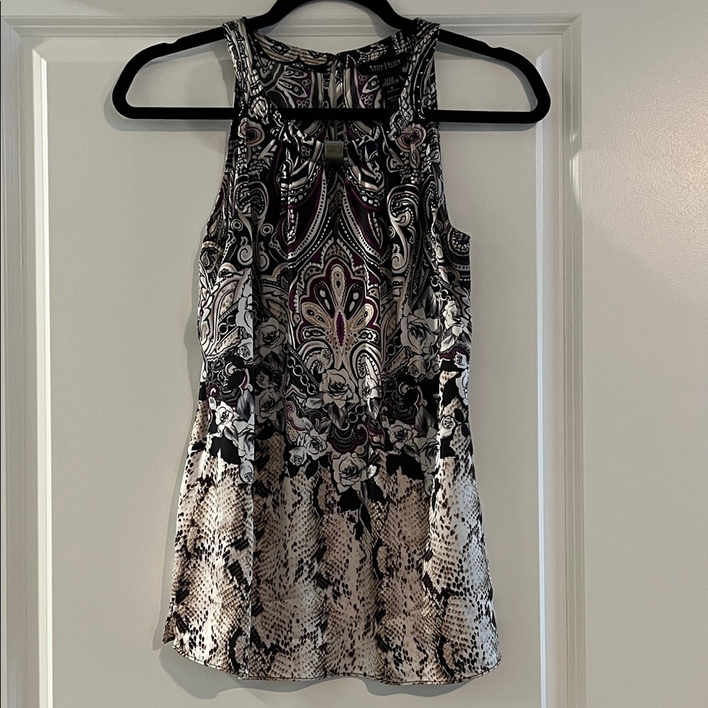 White House Black Market silk Black and Cream w/purple Patterned Tank Top